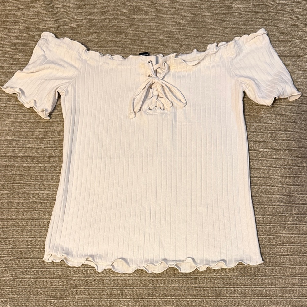 Rue21 White Ribbed Off-Shoulder Lace-Up Crop Top